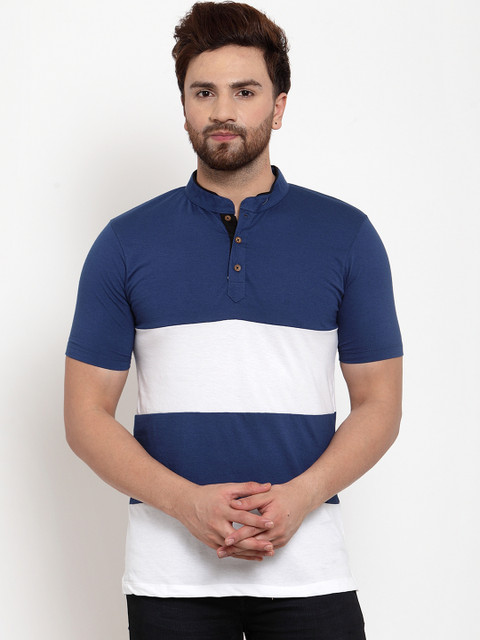 

Kalt Men Blue & White Colourblocked Mandarin Collar T-shirt