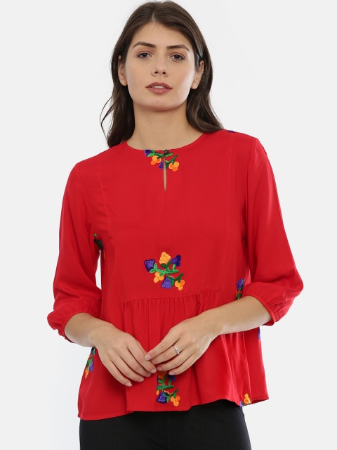 

IDK Women Red Floral Embroidered Top