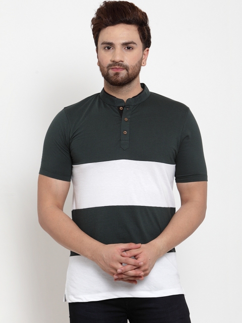 

Kalt Men Green & White Colourblocked Mandarin Collar T-shirt