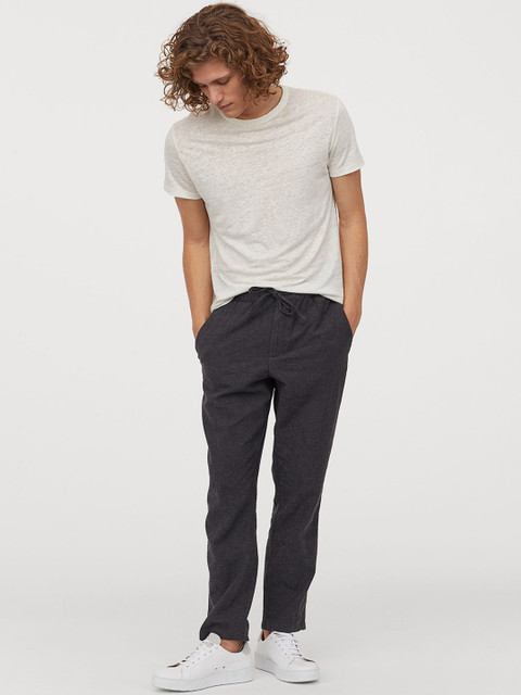 

H&M Men Charcoal Grey Solid Linen Trousers Relaxed Fit