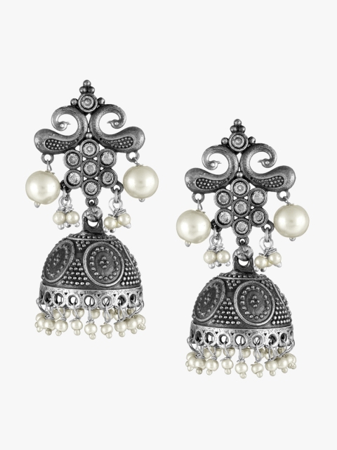 

Adwitiya Collection Silver & White Dome Shaped Jhumkas