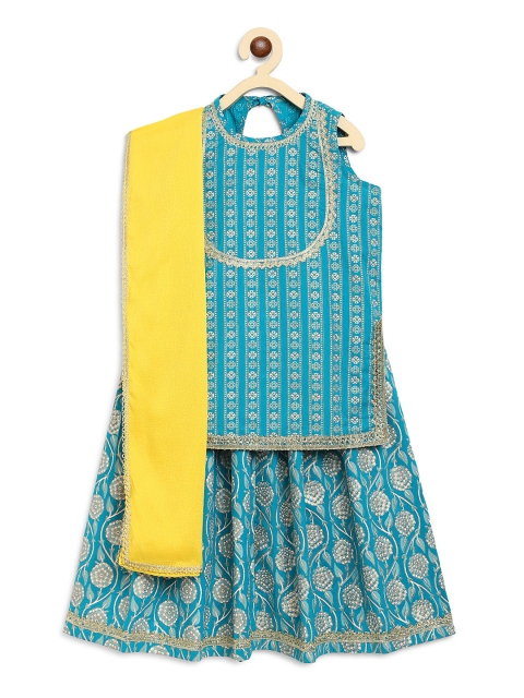

Tiber Taber Girls Blue & Beige Printed Ready to Wear Lehenga & Blouse with Dupatta