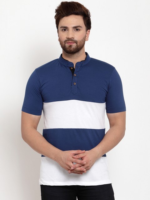 

Kalt Men Navy Blue & White Colourblocked Mandarin Collar T-shirt