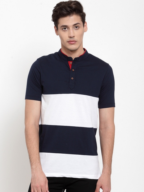 

Kalt Men Navy Blue & White Colourblocked Mandarin Collar T-shirt