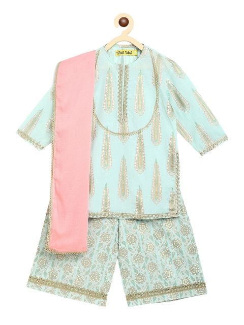 

Tiber Taber Girls Sea Green & Pink Printed Kurta with Palazzos & Dupatta