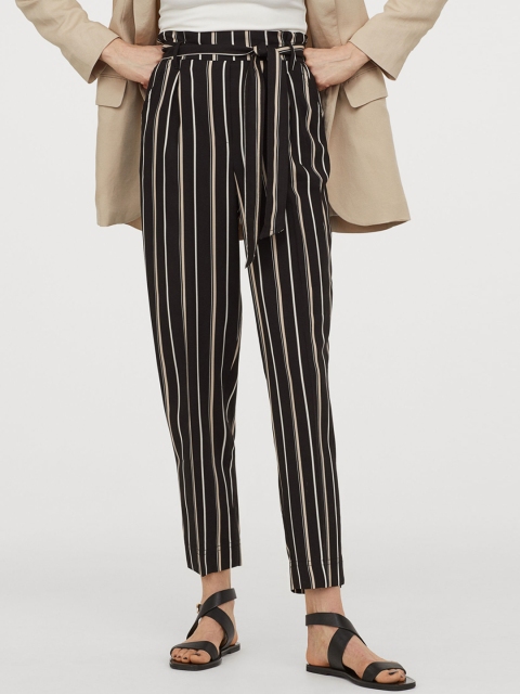 

H&M Women Black Striped Paper Bag Trousers
