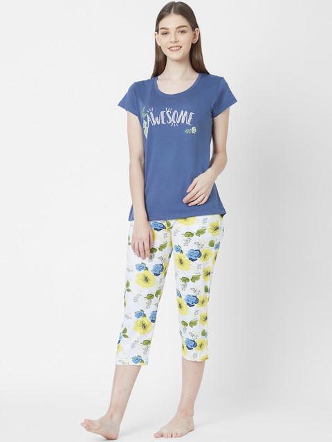 

Juliet Women Blue & White Printed Night suit