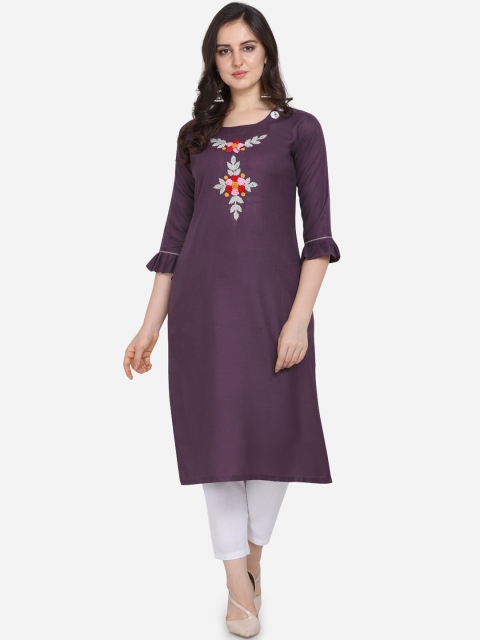 

Kvsfab Women Purple Embroidered Straight Kurta