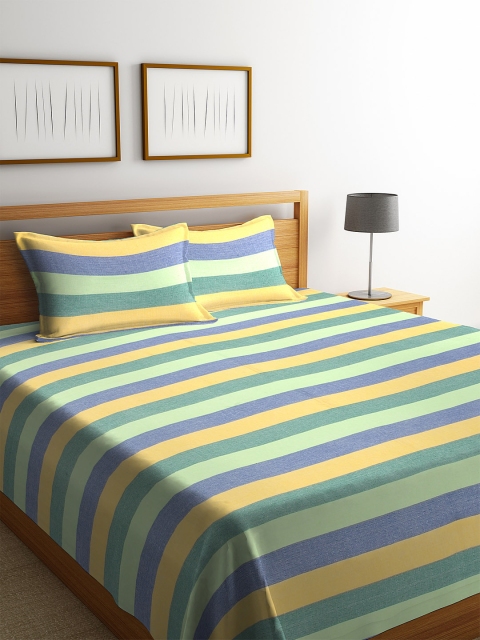 

KLOTTHE Green & Yellow Striped Double Bed Cover With 2 Pillow Covers