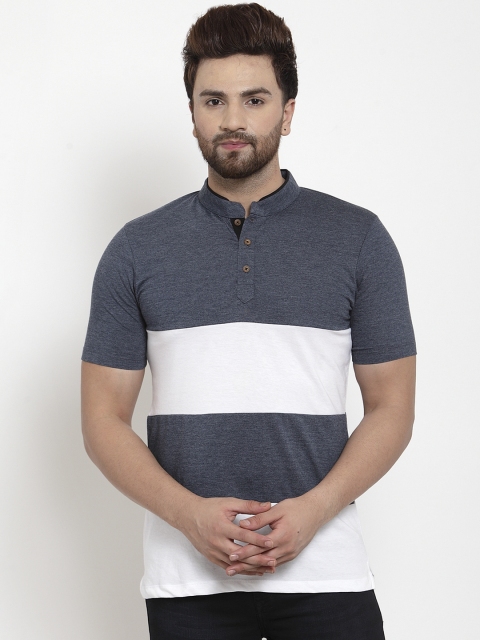 

Kalt Men White & Navy Blue Colourblocked Mandarin Collar T-shirt