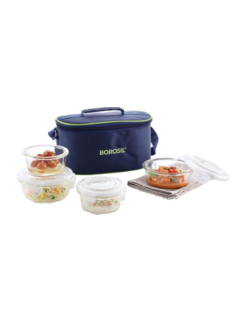 

BOROSIL Blue & Green Fusion Borosilicate Glass Microwavable 4 Round Containers Lunch Box With Bag