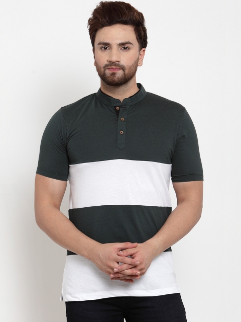 

Kalt Men Green & White Colourblocked Mandarin Collar T-shirt