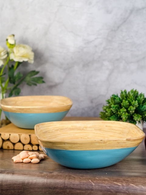 

GOODHOMES Set Of 2 Blue & Brown Square Bamboo Wood Bowls
