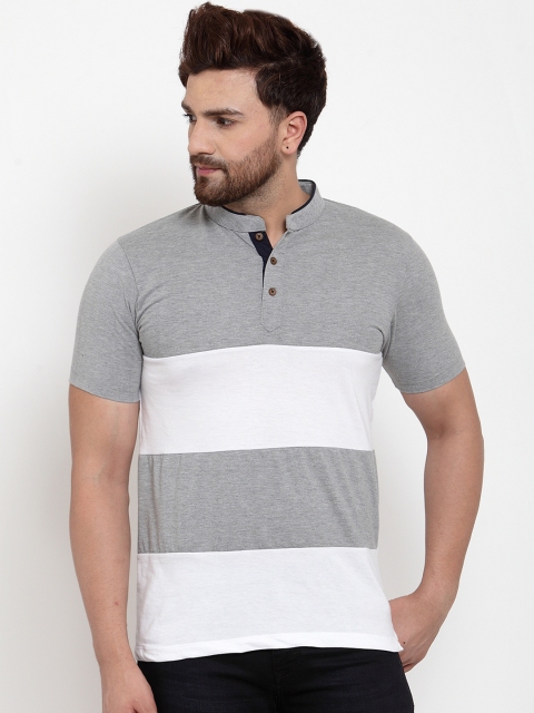 

Kalt Men Grey Melange Striped Mandarin Collar T-shirt