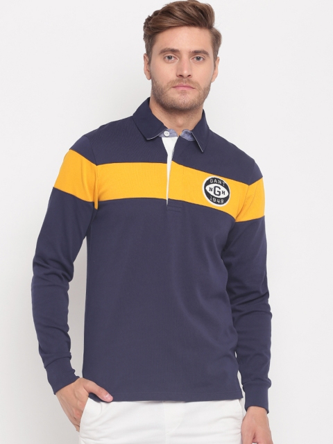 

GANT Men Navy Blue Colourblocked & Yellow Polo Collar T-shirt