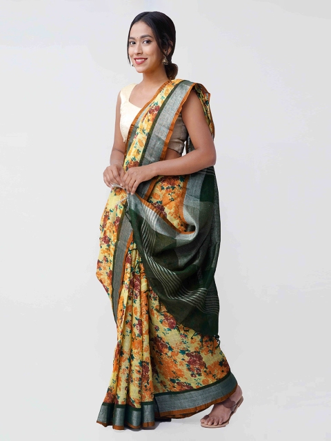 

Unnati Silks Yellow & Green Pure Handloom Linen Printed Saree