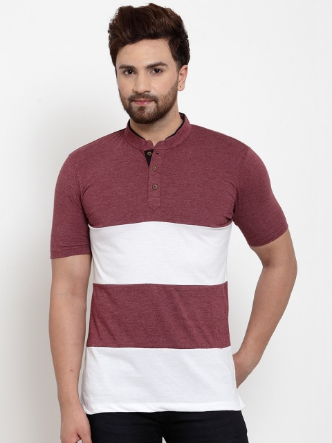 

Kalt Men Maroon & White Colourblocked Mandarin Collar T-shirt