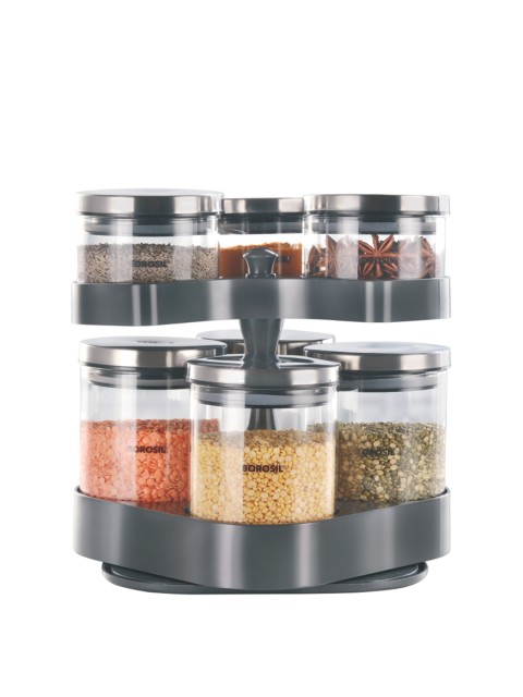 

BOROSIL Set Of 7 Transparent & Grey Borosilicate Glass Kitchen Storage Classic Jar Containers With Rotating Tray