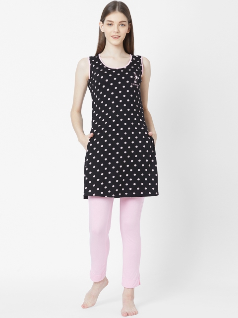 

Juliet Women Black & Pink Polka Dots Printed Night suit