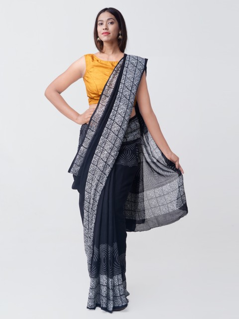 

Unnati Silks Black & White Pure Cotton Hand Block Printed Kota Saree