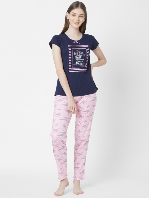 

Juliet Women Navy Blue & Pink Printed Night suit