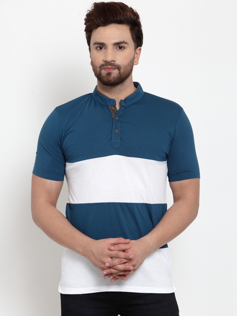 

Kalt Men Teal Blue Striped Polo Collar T-shirt
