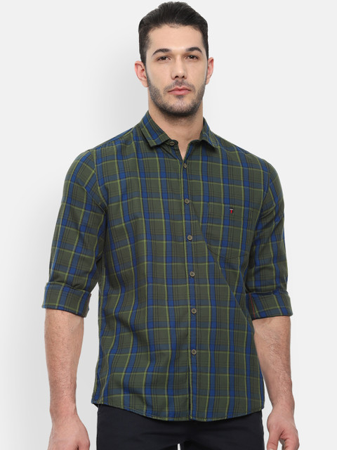 

Louis Philippe Jeans Men Olive Green & Blue Regular Fit Checked Casual Shirt