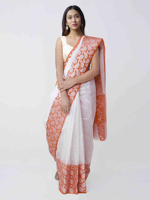 

Unnati Silks White & Orange Tissue Woven Design Kota Saree