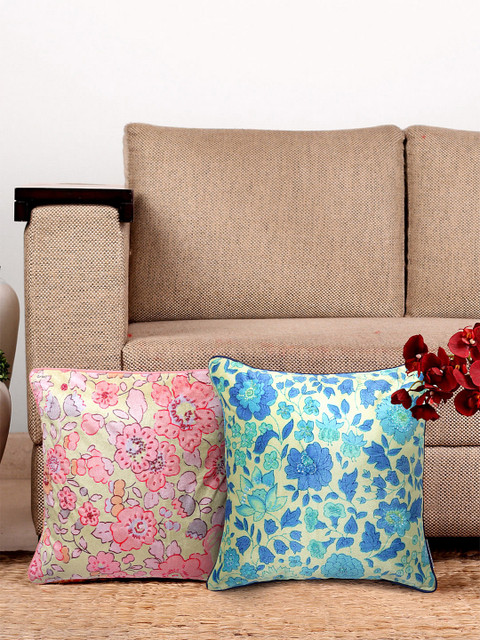 

NISRAG HOME Blue & Pink Set of 2 Velvet Floral Square Cushion Covers