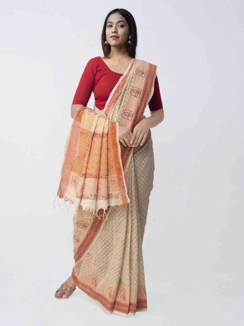 

Unnati Silks Beige & Orange Pure Handloom Cotton Printed Mangalagiri Saree