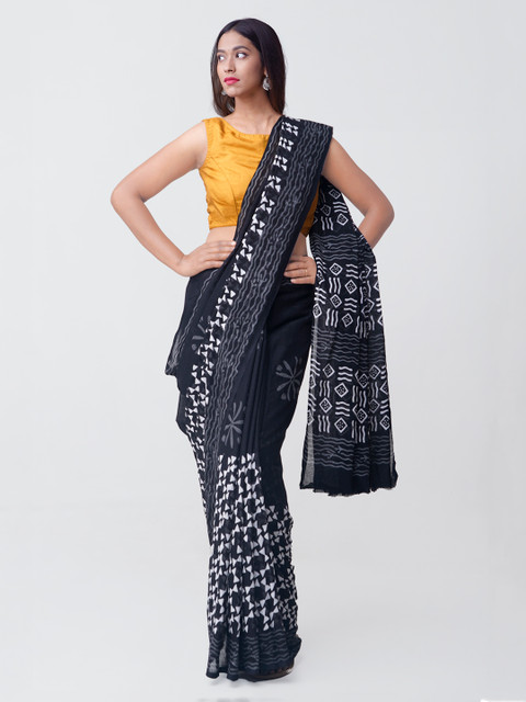

Unnati Silks Black & White Pure Cotton Hand Block Print Mulmul Kota Saree