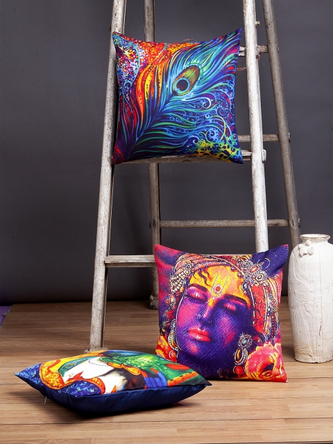 

NISRAG HOME Multicoloured Set of 3 Ethnic Motifs Square Cushion Covers, Multi