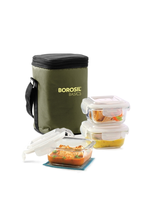 

BOROSIL Olive Green & Black Solid 3 Square Containers Lunch Box With Bag