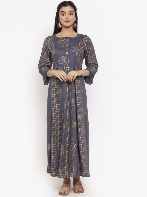 

ANAISA Women Grey & Gold-Coloured Printed Maxi Dress