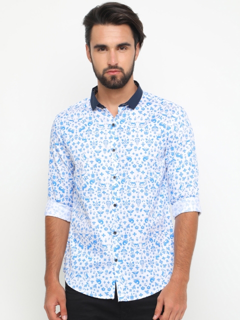 

WITH Men White & Blue Slim Fit Printed Casual Shirt