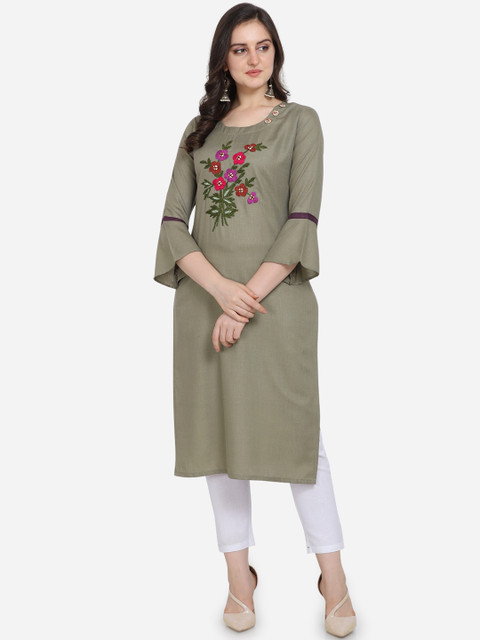 

Kvsfab Women Olive Green Solid Straight Kurta