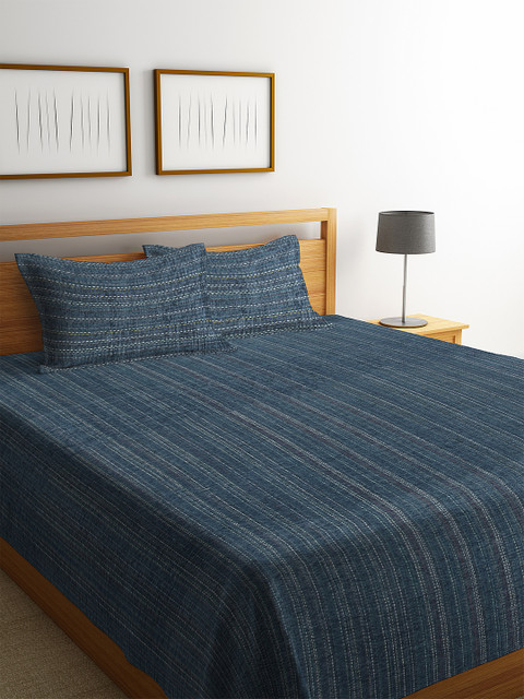 

KLOTTHE Blue Woven Design Double Bed Cover With 2 Pillow Covers