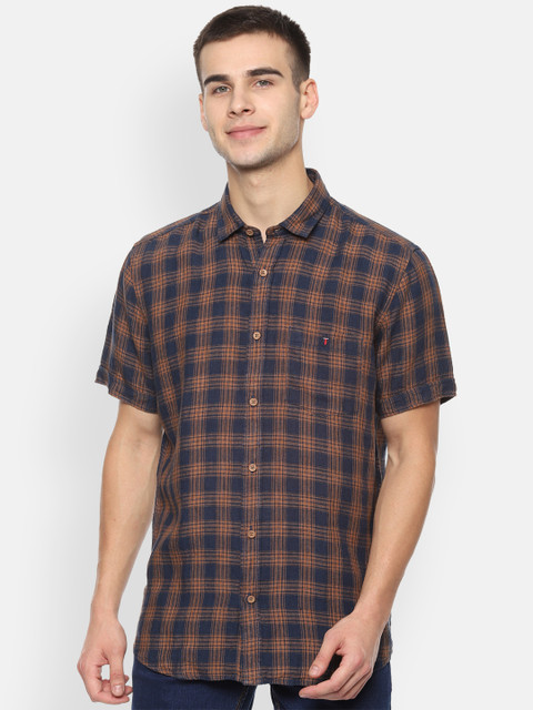 

Louis Philippe Jeans Men Brown & Navy Blue Linen Regular Fit Checked Casual Shirt
