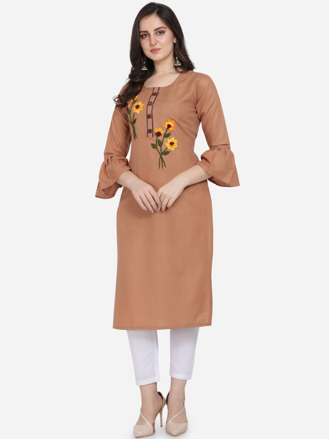 

Kvsfab Women Peach-Coloured Embroidered Straight Kurta