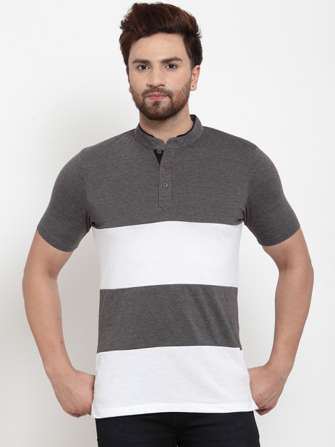 

Kalt Men Grey & White Colourblocked Mandarin Collar T-shirt