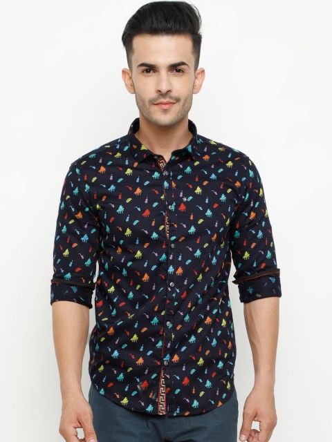 

WITH Men Navy Blue & Yellow Slim Fit Printed Casual Shirt