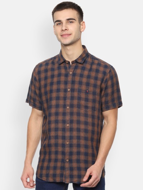 

Louis Philippe Jeans Men Brown & Blue Checked Regular Fit Linen Casual Shirt