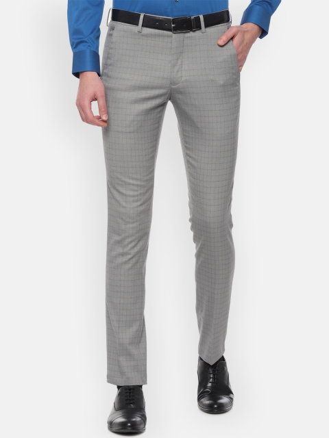 Louis Philippe Men Grey Checked Slim Fit Formal Trousers