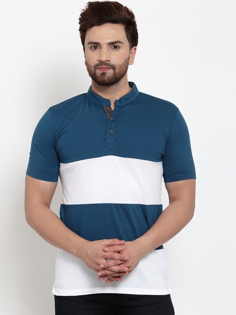 

Kalt Men Teal Blue Colourblocked Mandarin Collar T-shirt