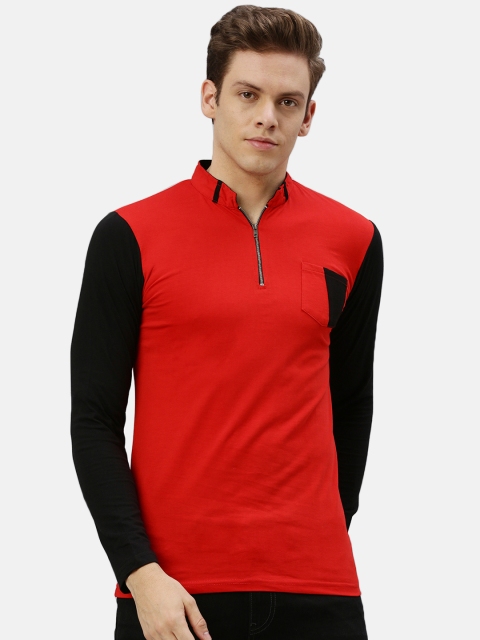 

ZALLEN Men Red Slim Fit Solid Mandarin Collar T-shirt