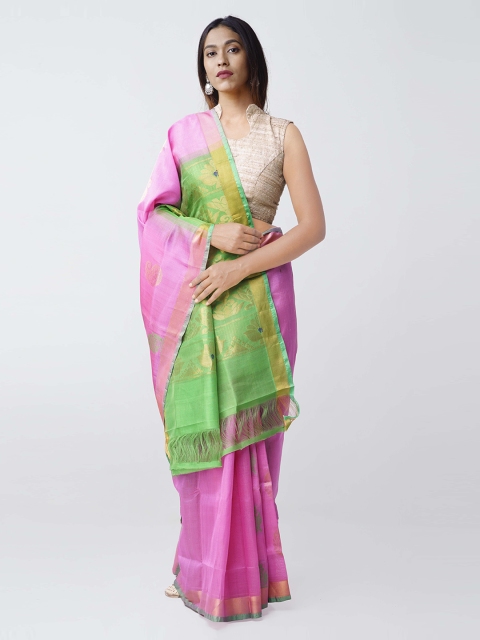 

Unnati Silks Pink & Green Silk Cotton Woven Design Kanjeevaram Saree