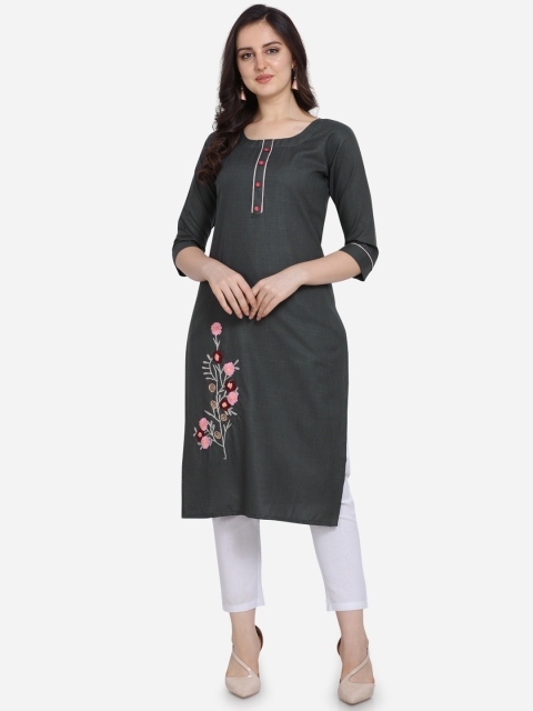 

Kvsfab Women Grey Embroidered Straight Kurta