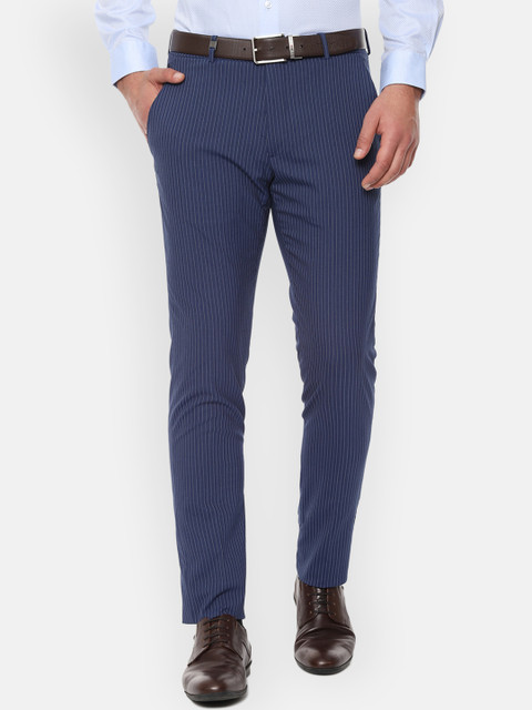 

Louis Philippe Men Navy Blue Striped Slim Fit Formal Trousers