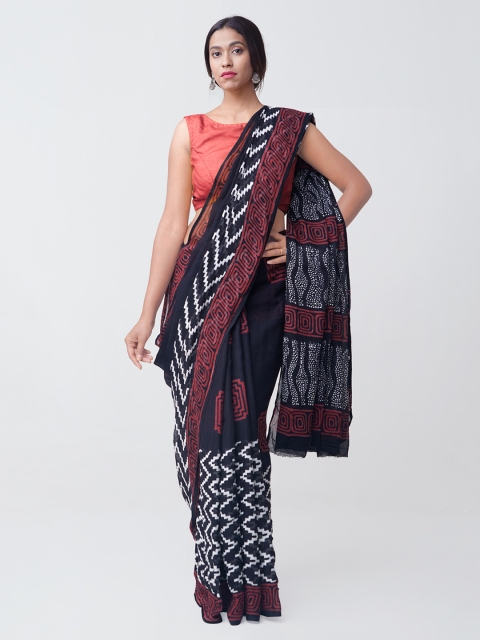 

Unnati Silks Black & White Pure Cotton Hand Block Print Mulmul Kota Handloom Saree