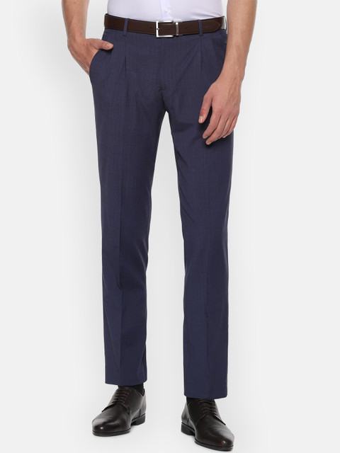 

Louis Philippe Men Navy Blue Regular Fit Checked Formal Trousers